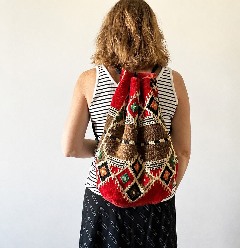 Vintage Kilim Tapestry Backpack Travel Bag Red Multicolor Drawstring Boho